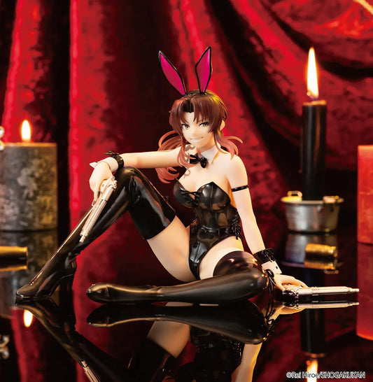 Black Lagoon Revy Bunny Ver 1/7 scale figure seated in glossy black bunny outfit with pink bunny ears and dynamic pose