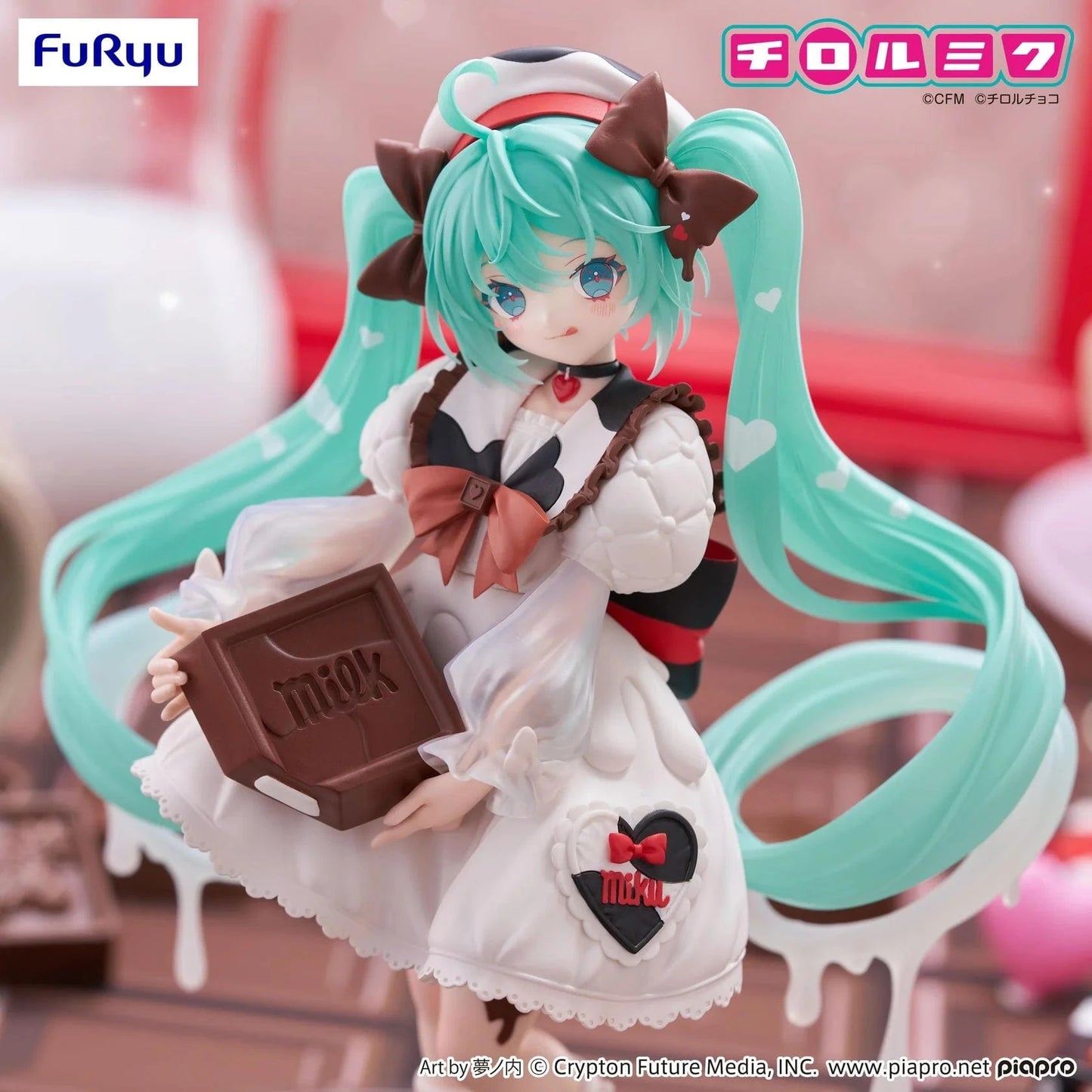 Hatsune Miku x TIROL CHOCO Trio-Try-iT Milk Ver. Figure in chocolate-themed maid outfit holding TIROL block