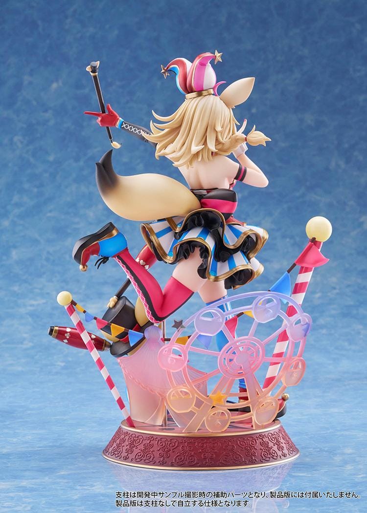 hololive production Omaru Polka 1/7 Scale Figure with jester outfit, fox ears, baton, colorful circus base, and dynamic pose