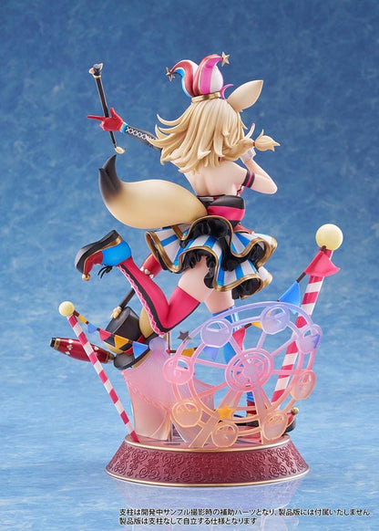 hololive production Omaru Polka 1/7 Scale Figure with jester outfit, fox ears, baton, colorful circus base, and dynamic pose