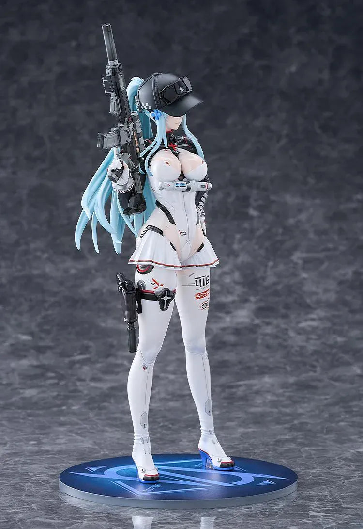 Girls' Frontline 2 Exilium Klukai Speed Star figure with light blue hair, a white and black outfit, cap, goggles, and rifle on a blue display base.