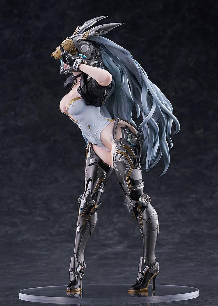 The First Descendant Ultimate Bunny 1/7 Scale Figure with futuristic armor, masked headpiece, long hair, and black silver gold battle suit