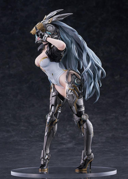 The First Descendant Ultimate Bunny 1/7 Scale Figure with futuristic armor, masked headpiece, long hair, and black silver gold battle suit