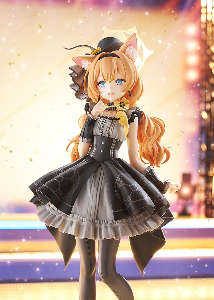 Scale figure of Mari from Blue Archive in her Pop Idol outfit, wearing a black and gray frilled dress with cat ears, hat, and ribboned heels on a yellow base.