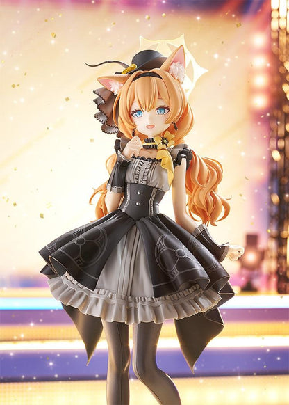 Scale figure of Mari from Blue Archive in her Pop Idol outfit, wearing a black and gray frilled dress with cat ears, hat, and ribboned heels on a yellow base.