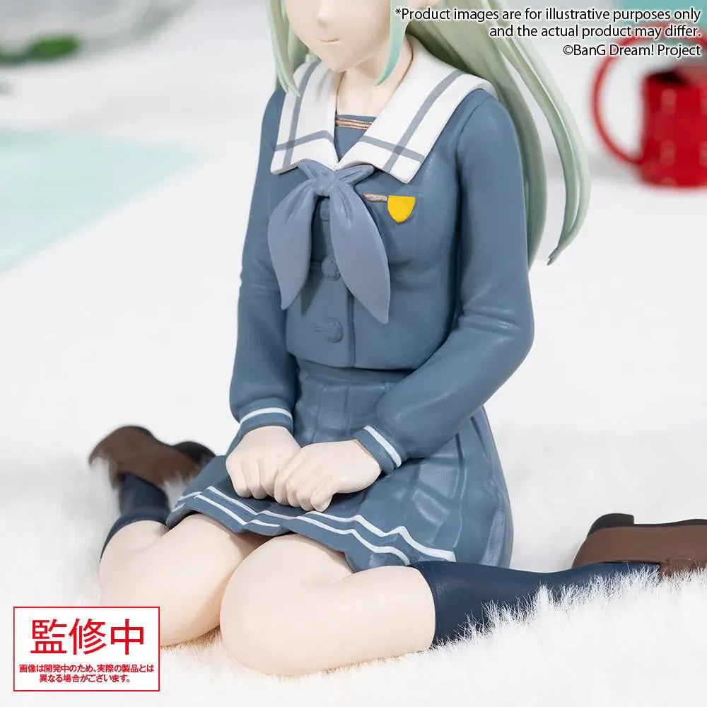 BanG Dream Ave Mujica Mutsumi Wakaba Uniform Ver. Premium Figure featuring Mutsumi seated in a blue school uniform with long mint-green hair and a soft expression.