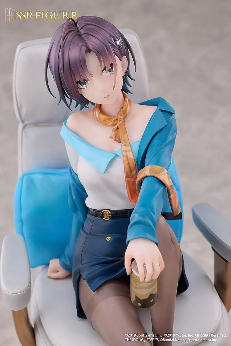 Toru Asakura Effortless Work Ver. figure seated in a gray office chair, wearing a turquoise jacket and golden scarf while holding a drink.