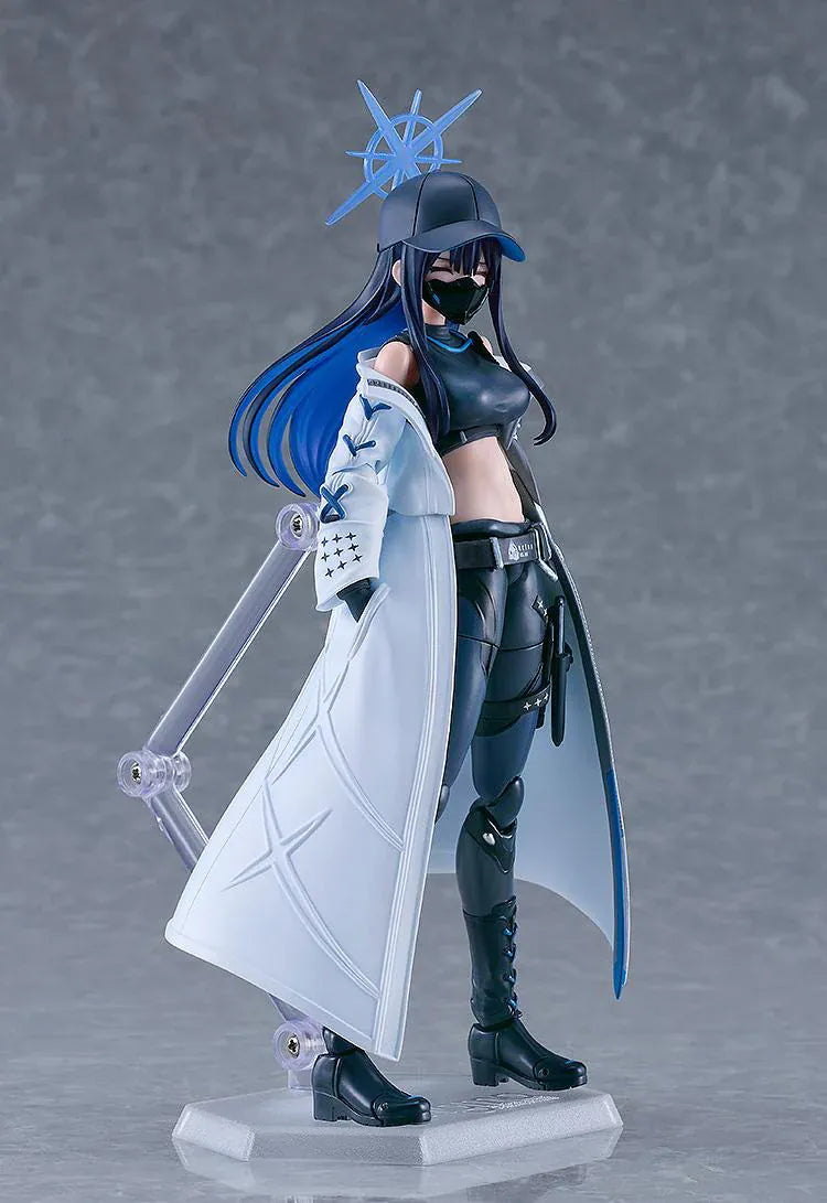 Blue Archive figma Saori Joumae figure featuring Saori in a tactical black outfit, white coat, cap, face mask, and weapon accessory