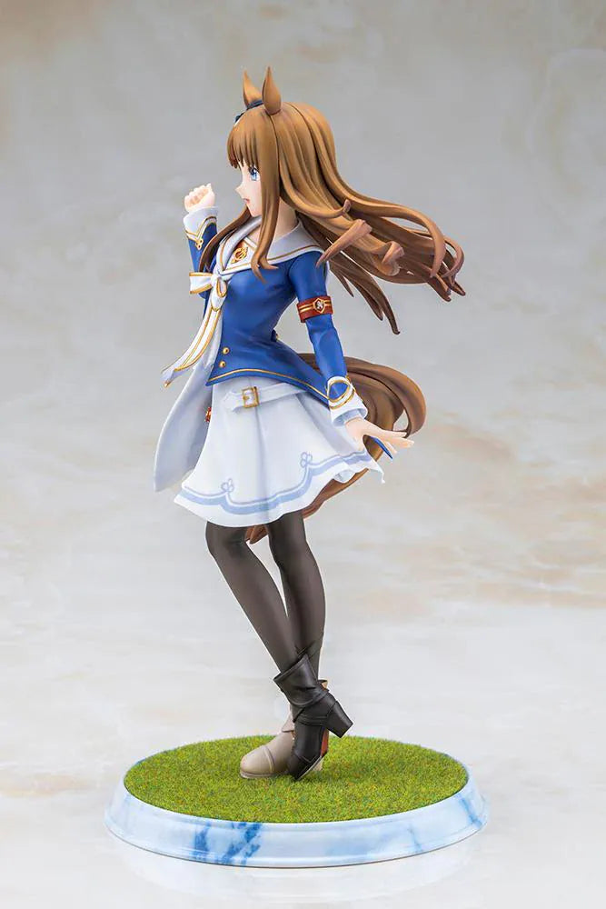 UmaMusume Pretty Derby Grass Wonder 1/7 Scale Figure with brown hair, horse ears, blue-and-white outfit, and grass display base