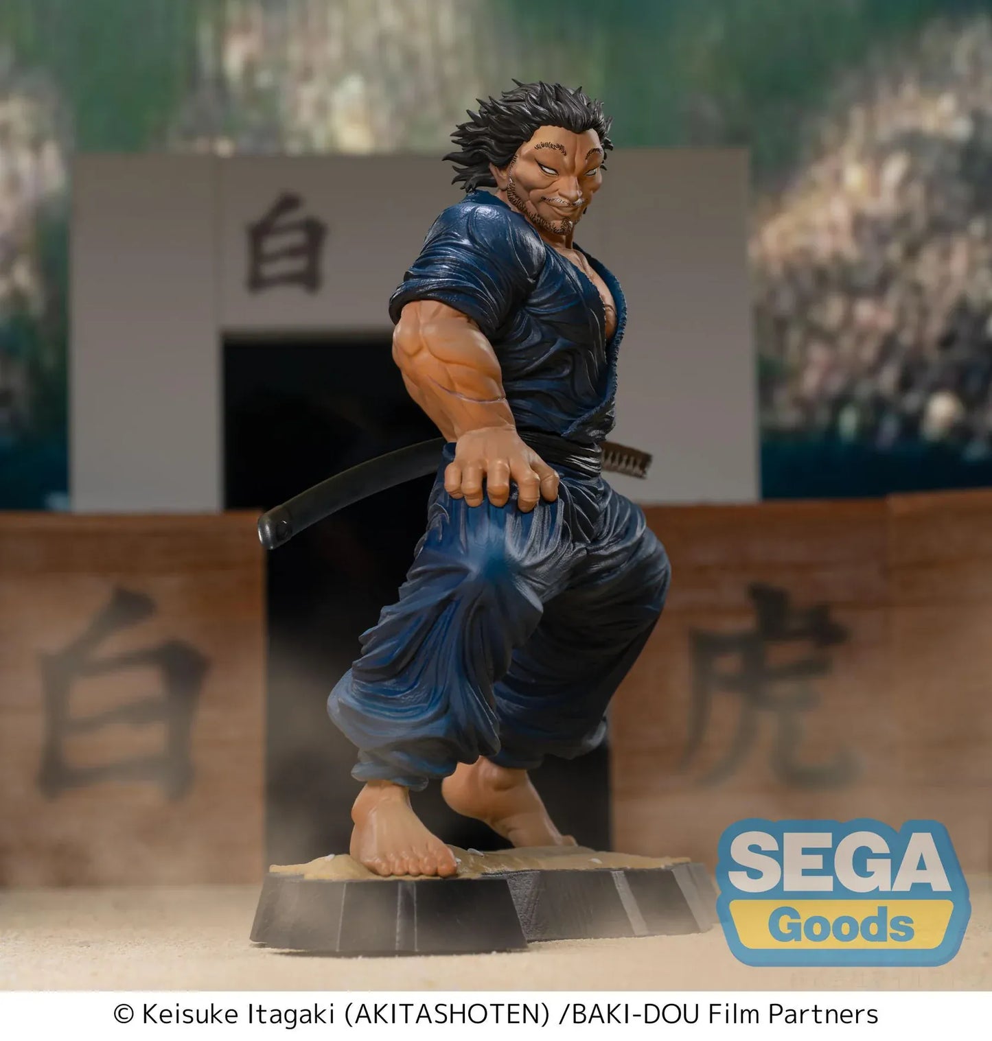 Baki Hanma Luminasta Musashi Miyamoto Figure in dark blue outfit with sword accessories and battle-ready pose
