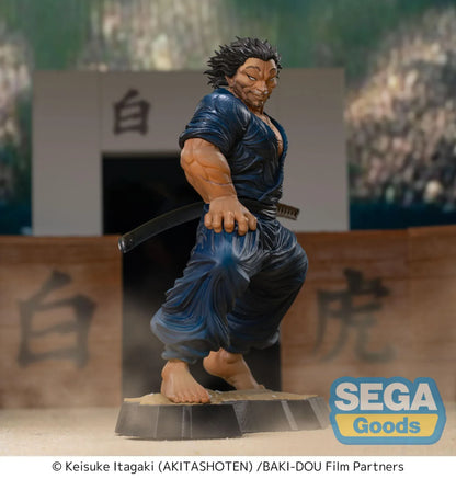 Baki Hanma Luminasta Musashi Miyamoto Figure in dark blue outfit with sword accessories and battle-ready pose