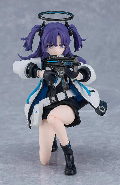 Blue Archive figma Yuuka Hayase Figure Rerelease featuring Yuuka with purple twin tails, academy-style outfit, halo detail, and tactical weapon accessories.
