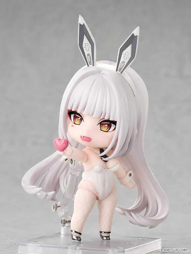 GODDESS OF VICTORY NIKKE Nendoroid Blanc Figure featuring Blanc in a white bunny outfit with long white hair, golden eyes, bunny ears, fishnet stockings, and weapon accessory.