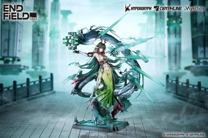 Arknights Endfield Zhuang Fangyi 1/7 scale figure with teal hair and a green outfit, surrounded by a curling dragon and translucent turquoise blades.