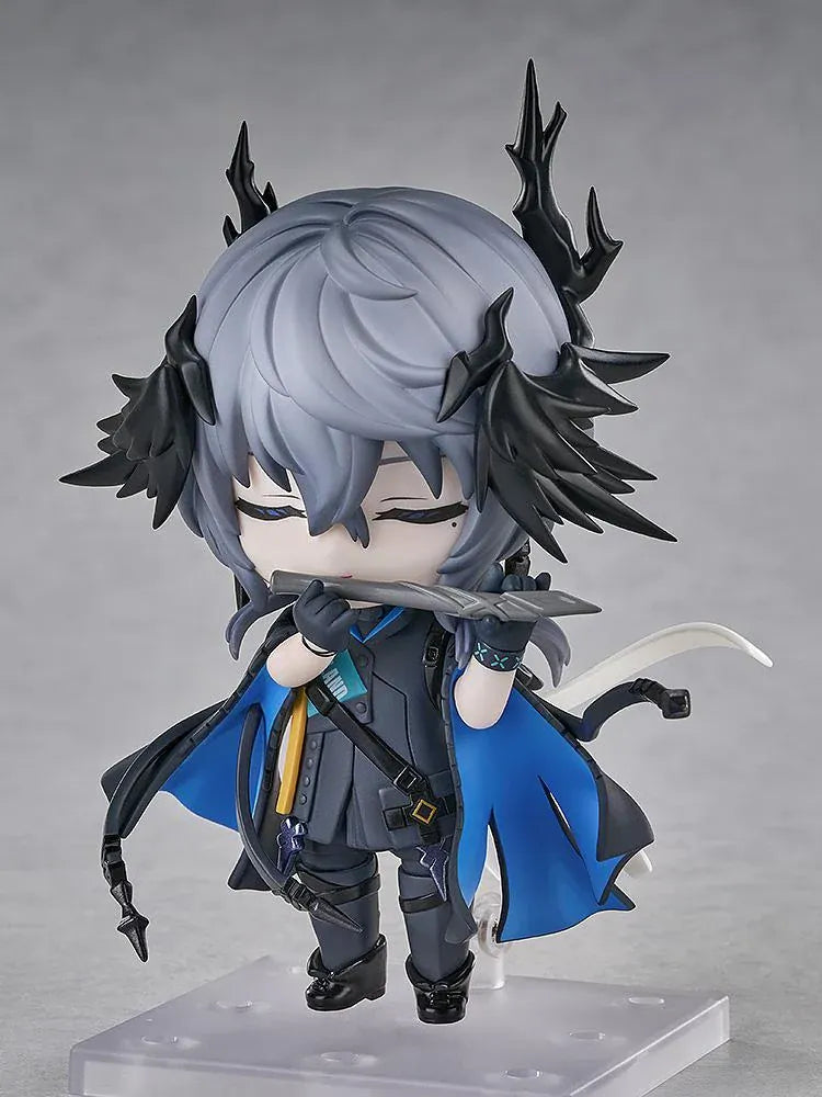 Arknights Logos Nendoroid figure with gray hair, pink eyes, black horn and feather-like details, and a dark coat with blue lining.
