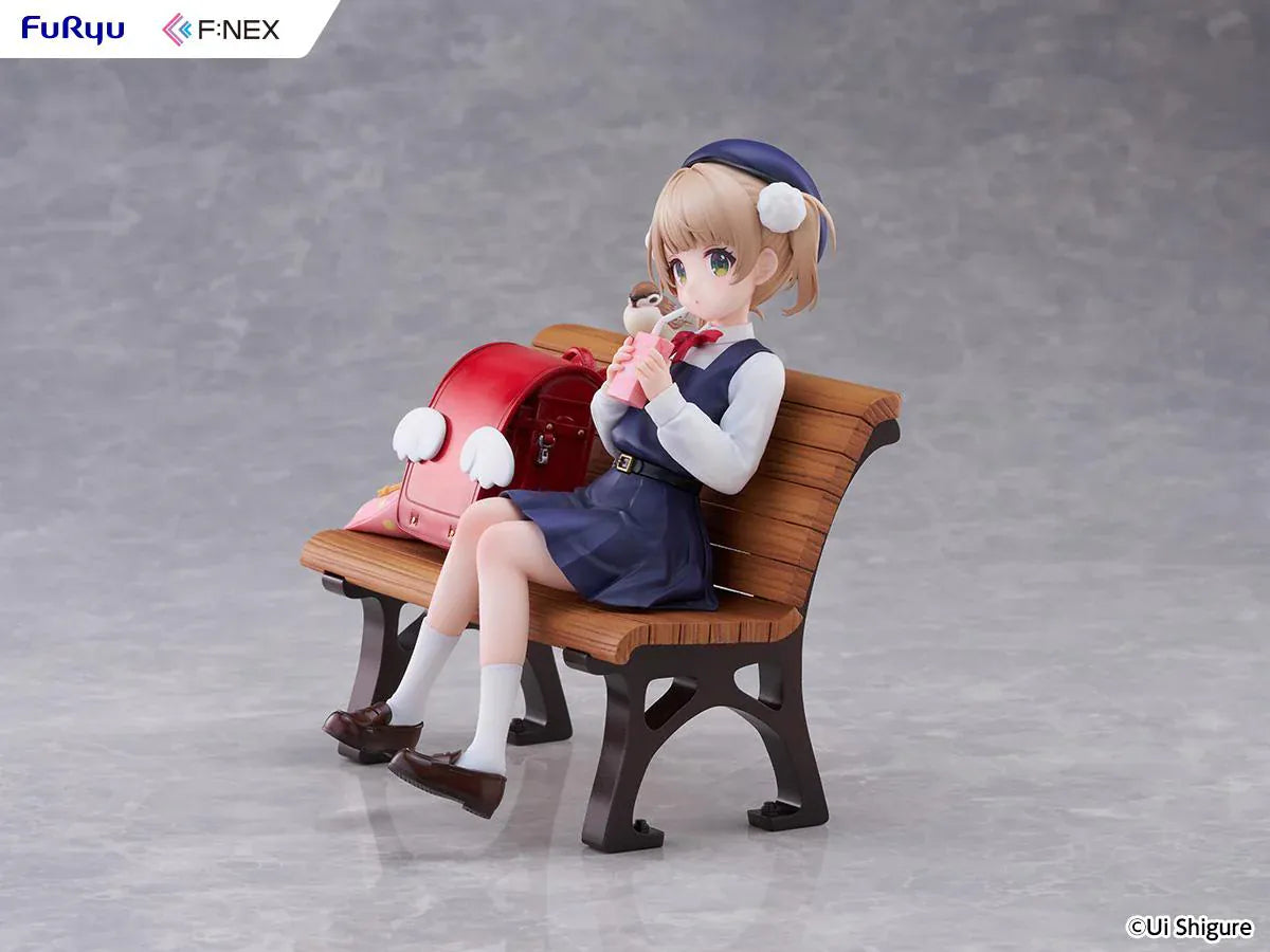 Ui Shigure Ui Shigure 9 Years Old 1/7 Scale Figure seated on a park bench with school bag, drink, and bird companion