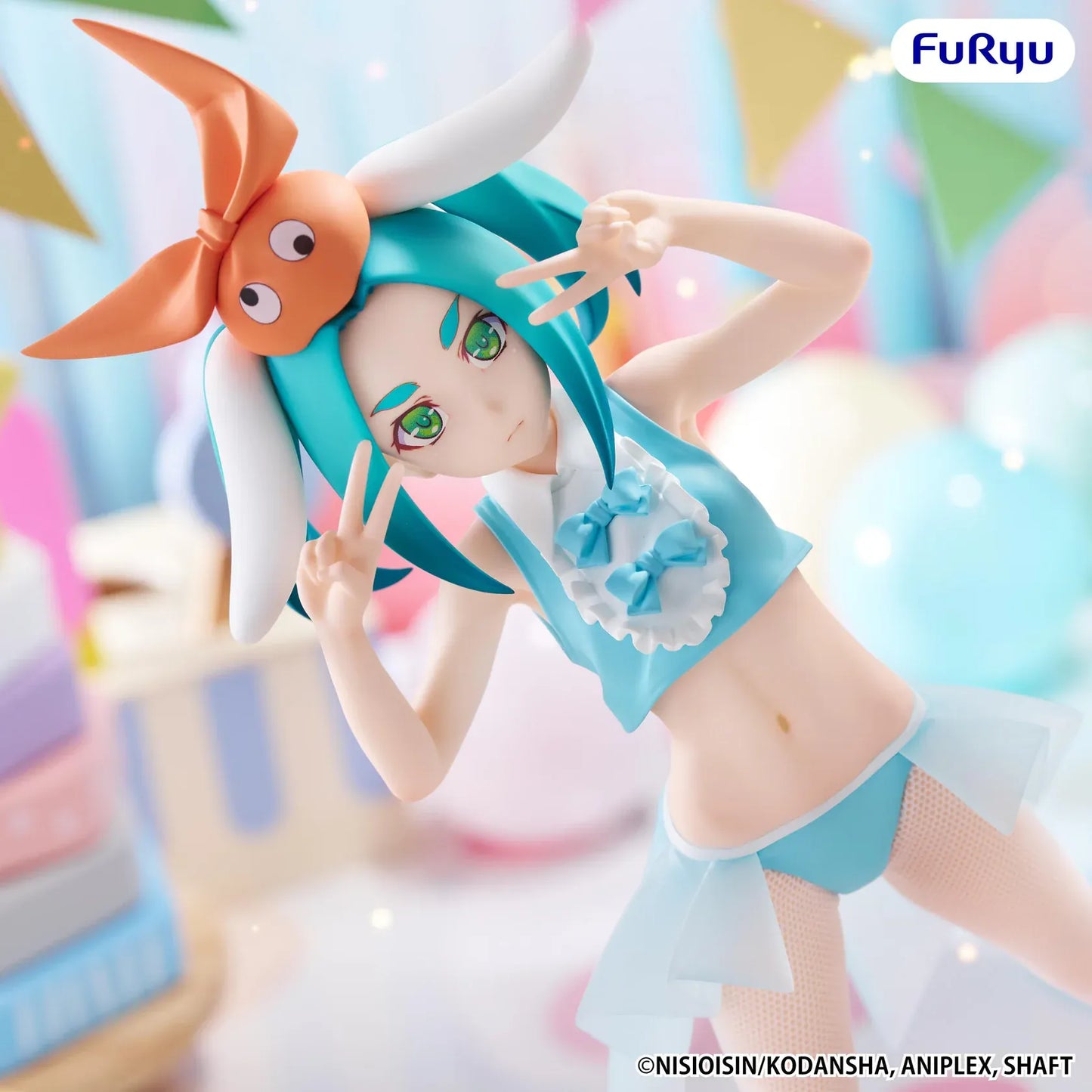 Monogatari BiCute Bunnies Yotsugi Ononoki figure featuring turquoise hair, a light blue bunny outfit, oversized bunny headpiece, fishnet tights, and a playful pose