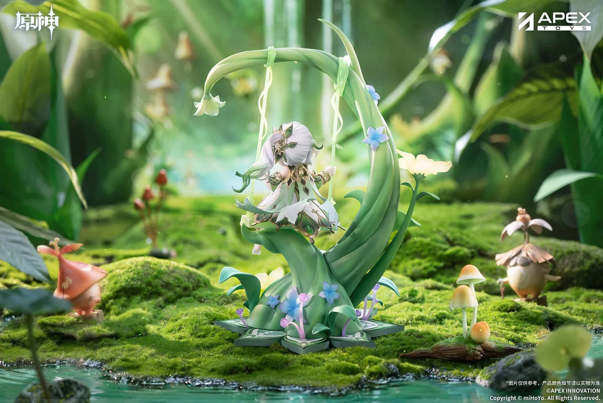 Genshin Impact Nahida Physic of Purity Ver. 1/7 scale figure seated on a green swing surrounded by vines, leaves, and colorful flowers.