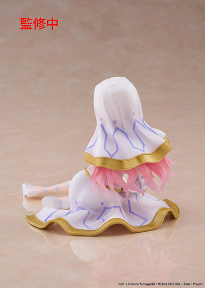 The Familiar of Zero Desktop Cute Louise Miko Outfit Ver. figure seated in a white-and-gold ceremonial outfit with long pink hair.