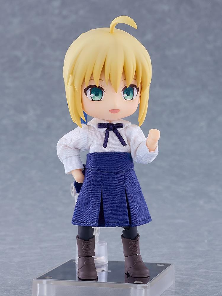 Fate stay night Nendoroid Doll Saber Casual Outfit Ver. with blonde hair, blue skirt, white blouse, black tights, and brown boots