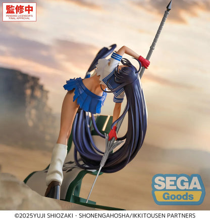 XStellar Unchou Kan'u figure in an acrobatic pose with long purple hair, a silver-bladed polearm, and a torn blue and white sailor outfit.