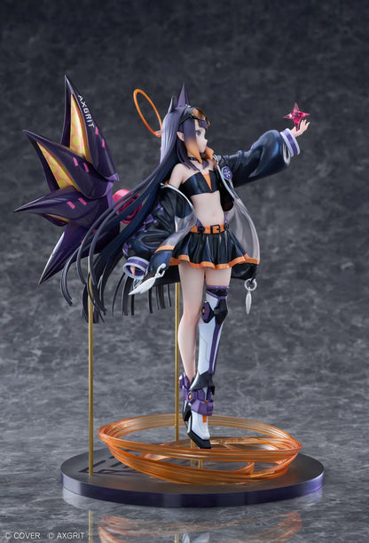 Ninomae Ina’nis AXGRIT Ver. figure with flowing dark hair, an oversized jacket, armored boots, purple mechanical elements, and orange rings above a circular base.