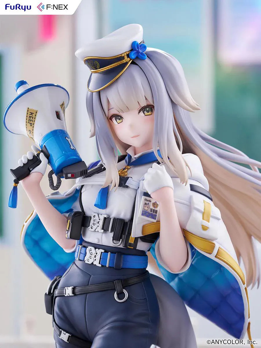 Nijisanji Ruri Shioriha 1/7 scale figure featuring megaphone accessory, silver hair, and detailed blue-and-white outfit