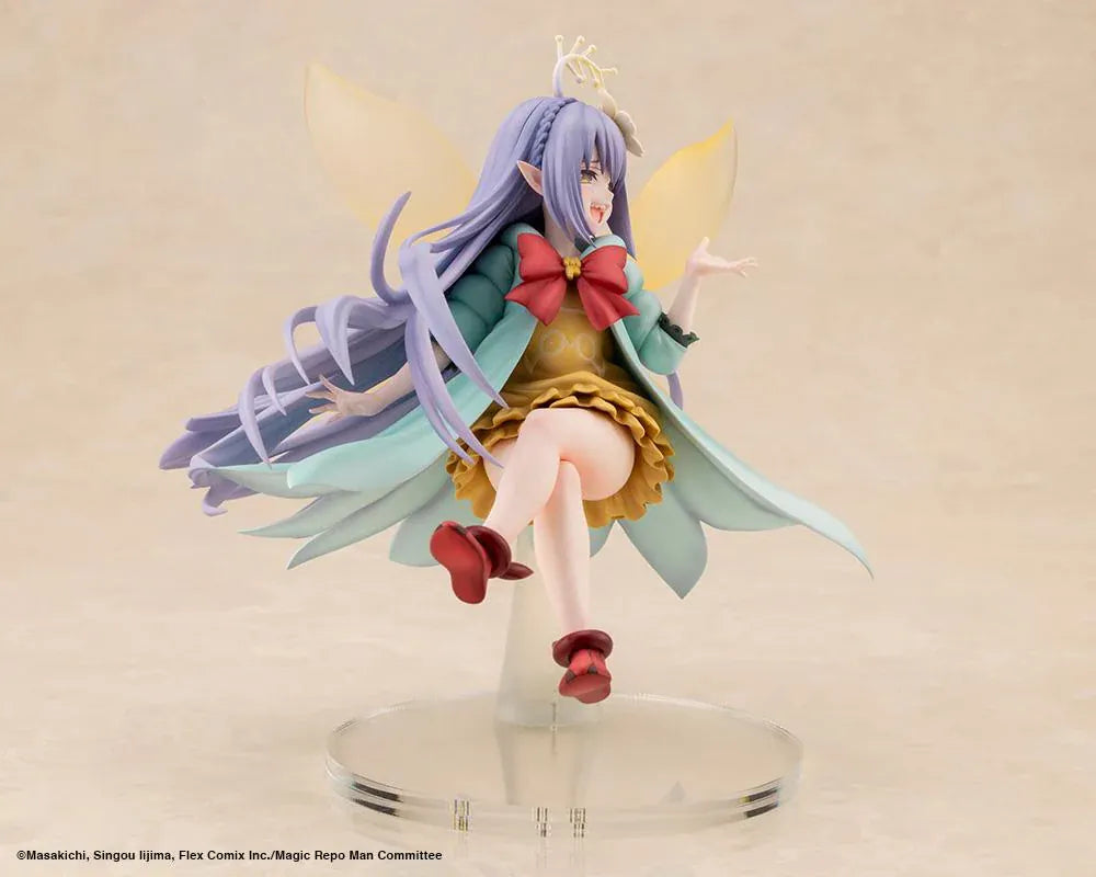 Magic Repo Man Empee 1/1 Scale Figure featuring a cheerful lavender-haired fairy with golden wings, a yellow dress, mint-green jacket, red bow, and matching shoes in a playful floating pose.