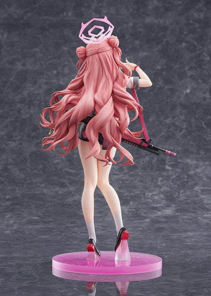 Blue Archive Kirara 1/7 scale figure with long pink hair, school uniform, pink and black weapon, halo, and translucent pink display base