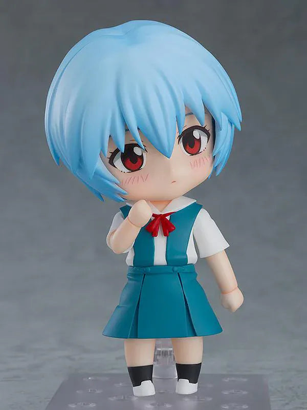 Rebuild of Evangelion Nendoroid Rei Ayanami Figure Rerelease featuring Rei with light blue hair, red eyes, school uniform, and school bag accessory.