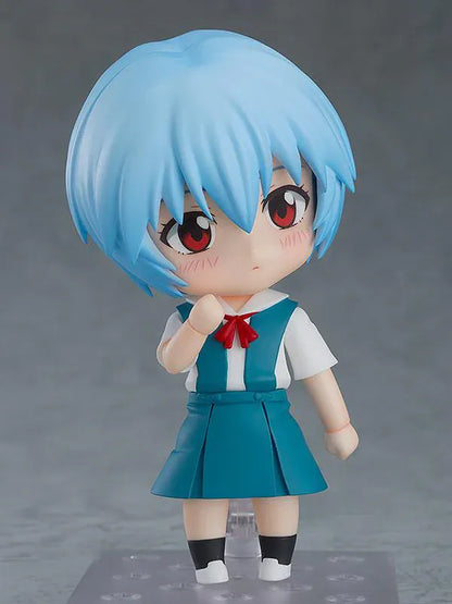 Rebuild of Evangelion Nendoroid Rei Ayanami Figure Rerelease featuring Rei with light blue hair, red eyes, school uniform, and school bag accessory.