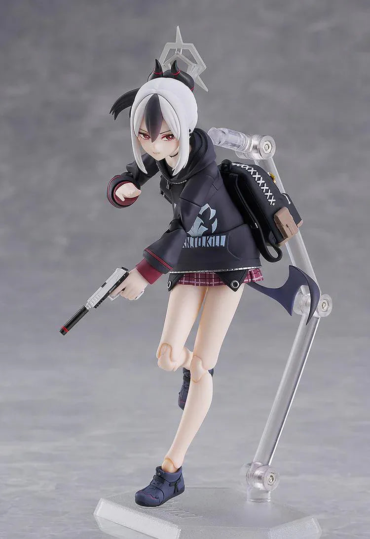 Blue Archive figma Kayoko Onikata Figure with black hoodie, plaid skirt, two-tone hair, halo detail, and tail