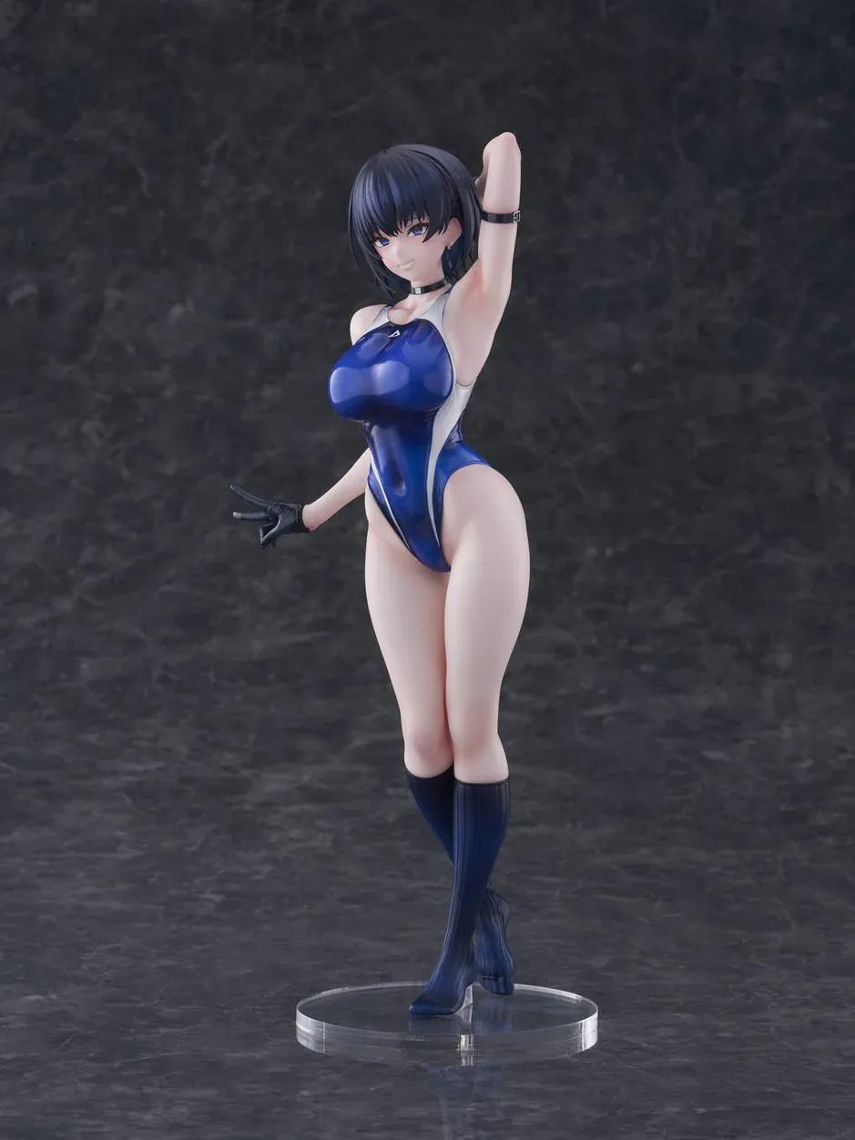 Sakura Aoba Umise 1/6 Scale Figure featuring Aoba Umise with short dark hair, blue eyes, glossy navy outfit, matching legwear, glove accents, and clear display base.