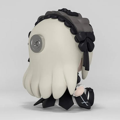 Rozen Maiden Huggy Good Smile Suiginto Figure featuring silver-white hair, red eyes with flower-shaped highlights, a black gothic dress with white frills, black rose headpiece, and a cute seated chibi design.