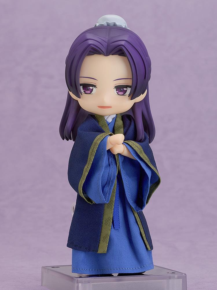 The Apothecary Diaries Nendoroid Doll Jinshi wearing traditional blue and purple fabric robes