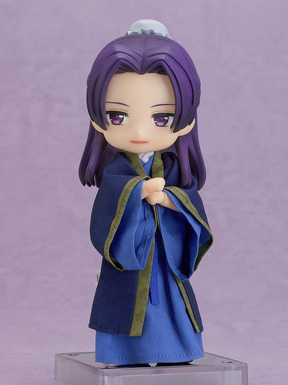 The Apothecary Diaries Nendoroid Doll Jinshi wearing traditional blue and purple fabric robes