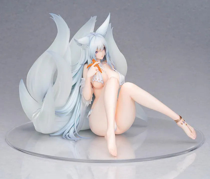 Azur Lane Shinano Dreamy White Sands Ver. 1/6 Scale Figure featuring Shinano seated with pale blue hair, fox ears, flowing tails, white outfit details, and beach-inspired styling.