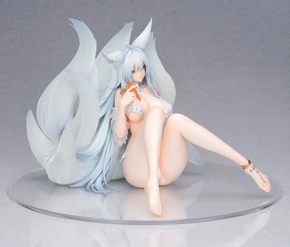 Azur Lane Shinano Dreamy White Sands Ver. 1/6 Scale Figure featuring Shinano seated with pale blue hair, fox ears, flowing tails, white outfit details, and beach-inspired styling.
