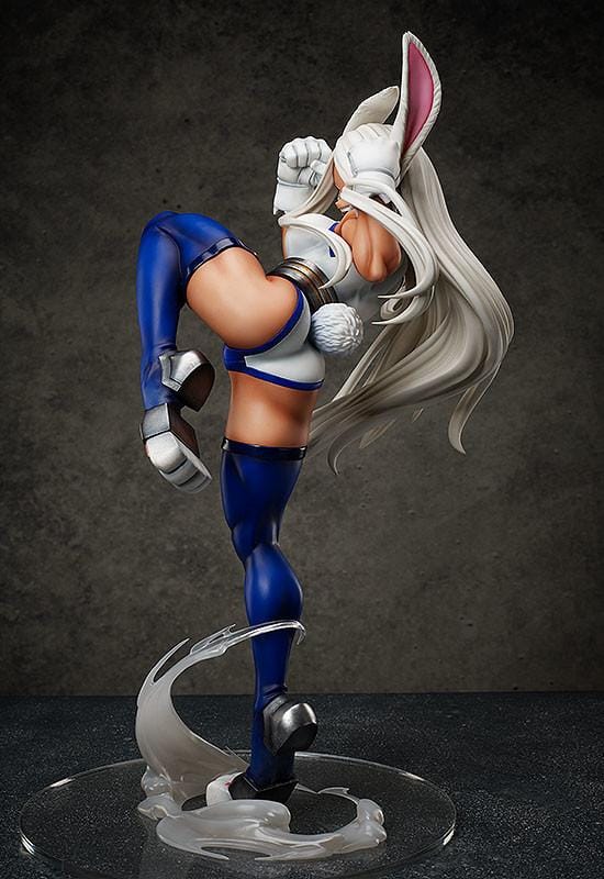 My Hero Academia Mirko 1/4 Scale Figure mid-kick pose with white hair, blue suit, and smoke-effect base