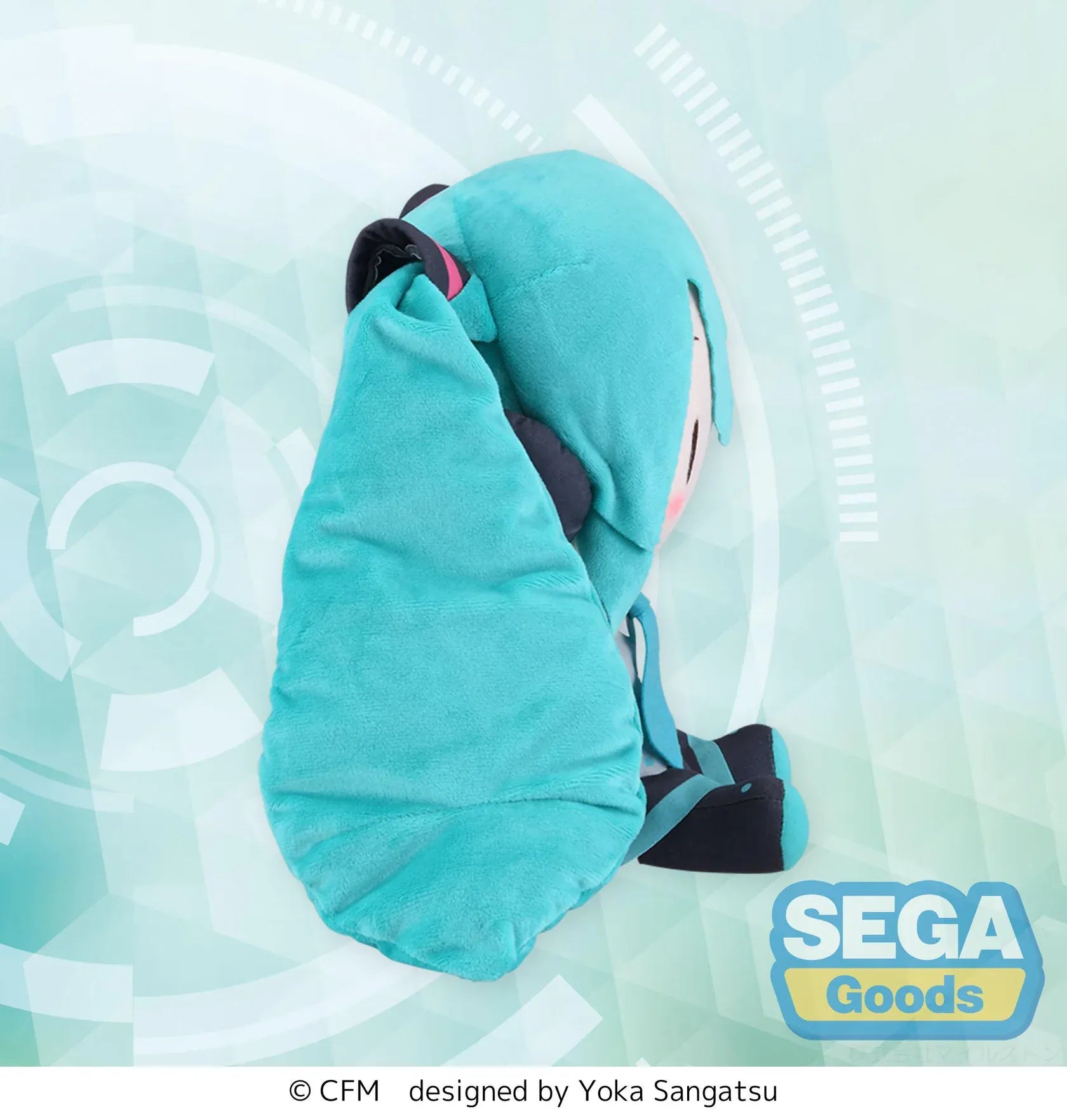 Fuwa Petit Hatsune Miku L Plush with turquoise twin tails, headset, embroidered smile, and classic black and teal outfit