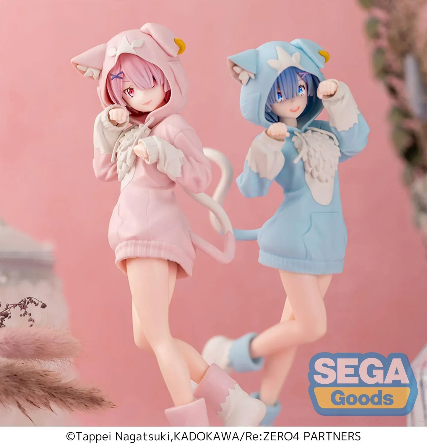 XStellar Re:Zero Ram Mofumofu Pack figure in pink cat-hoodie outfit standing on pink base