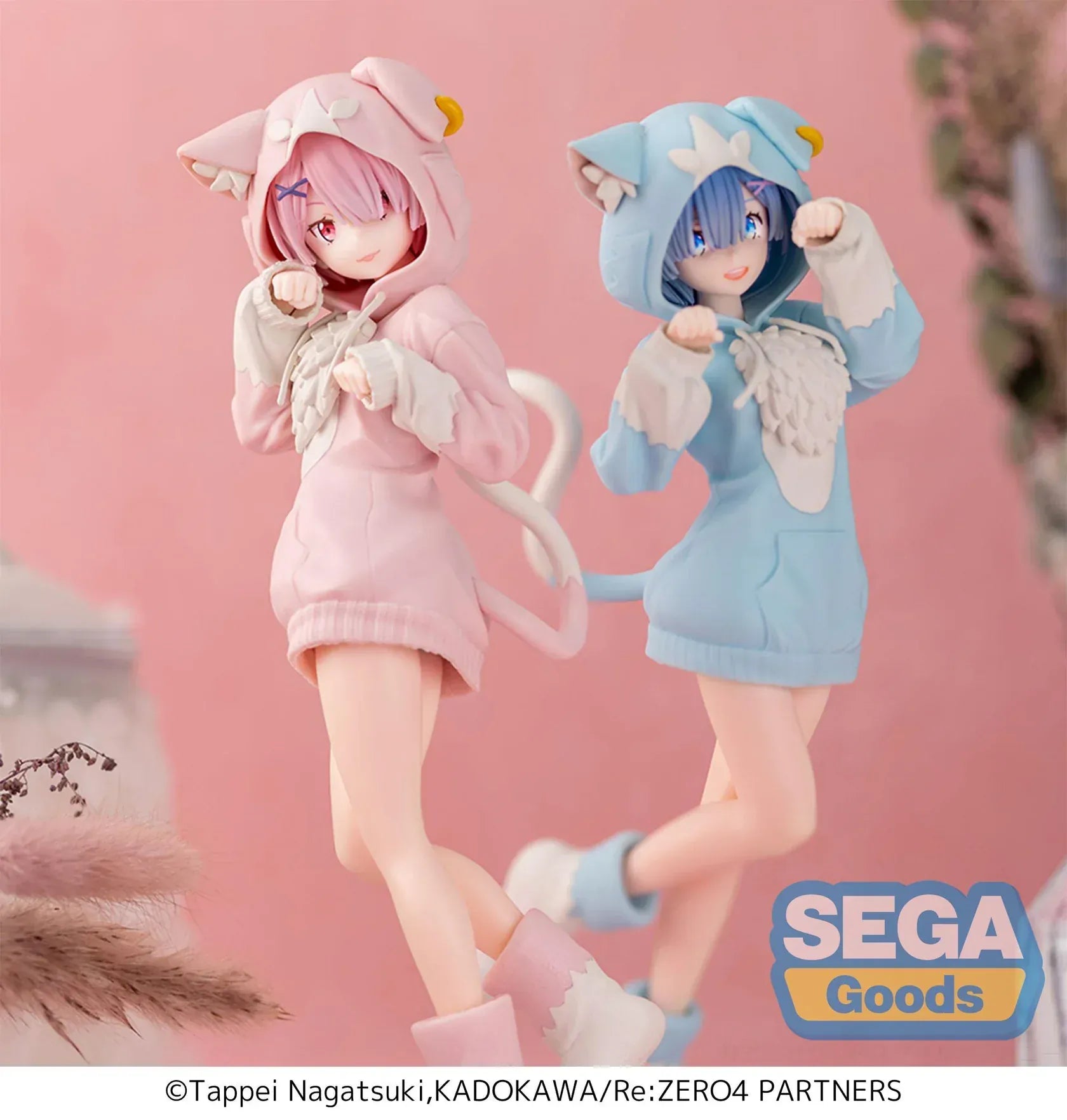 XStellar Re:Zero Ram Mofumofu Pack figure in pink cat-hoodie outfit standing on pink base