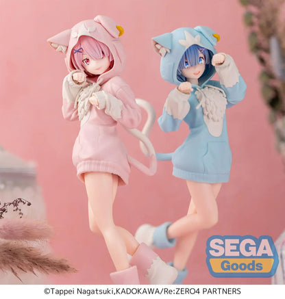 XStellar Re:Zero Ram Mofumofu Pack figure in pink cat-hoodie outfit standing on pink base