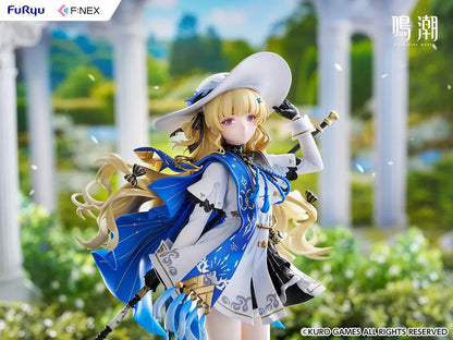 Wuthering Waves Phoebe 1/7 scale figure by FuRyu F:NEX featuring blue and white outfit with staff on floral garden base