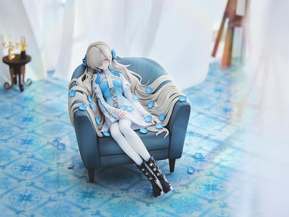 Isekaijoucho Universal Body Nemophila 1/7 scale figure sitting on blue chair with flowing silver hair and blue flower petals