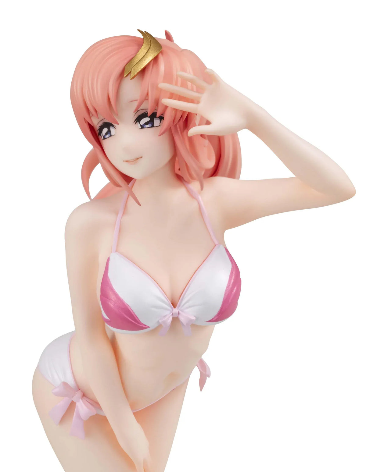 Lucrea Light Lacus Clyne Swimsuit Ver. figure with a flowing pink ponytail, gold hair ornament, and pink and white swimsuit, posed with one hand raised.