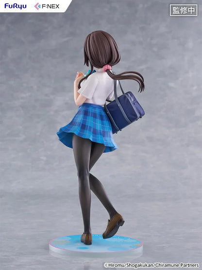 Chitose Is in the Ramune Bottle Yua Uchida 1/7 Scale Figure with brown hair, blue plaid skirt, school uniform outfit, shoulder bag, drink bottle accessory, and display base