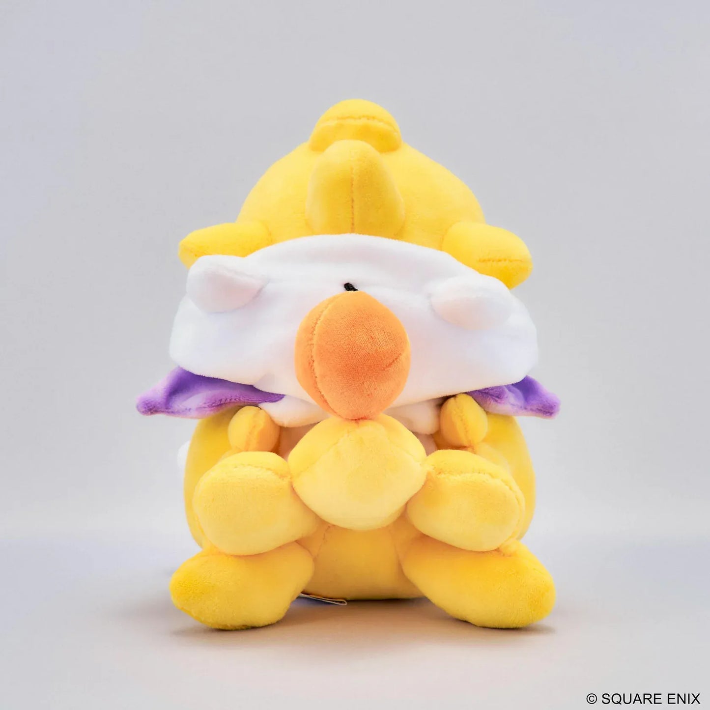 Final Fantasy Chocobo Moogle Hoodie Ver. Plush with yellow Chocobo, white Moogle hoodie, KUPO lettering, pom-pom detail, and seated plush design