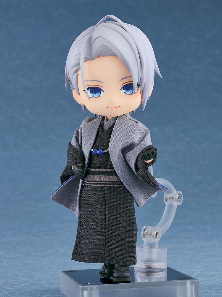Nendoroid Doll of Yamanbagiri Chougi from Touken Ranbu Online wearing a gray kimono and haori with blue eyes and silver hair, standing in a neutral pose.