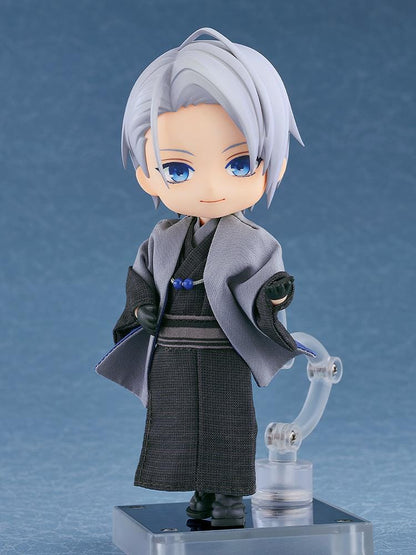 Nendoroid Doll of Yamanbagiri Chougi from Touken Ranbu Online wearing a gray kimono and haori with blue eyes and silver hair, standing in a neutral pose.